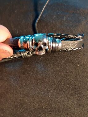 Skull Accent Black Braided Leather Bracelet